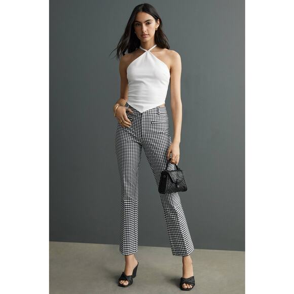 New Anthropologie The Essential Slim Kick Gingham Flare Pants $128 US 4 B&W Crop - Picture 5 of 5